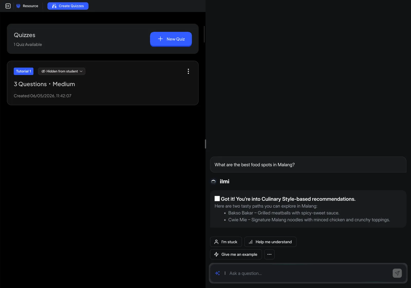 EduSpace quiz builder generating exam-style questions from a topic